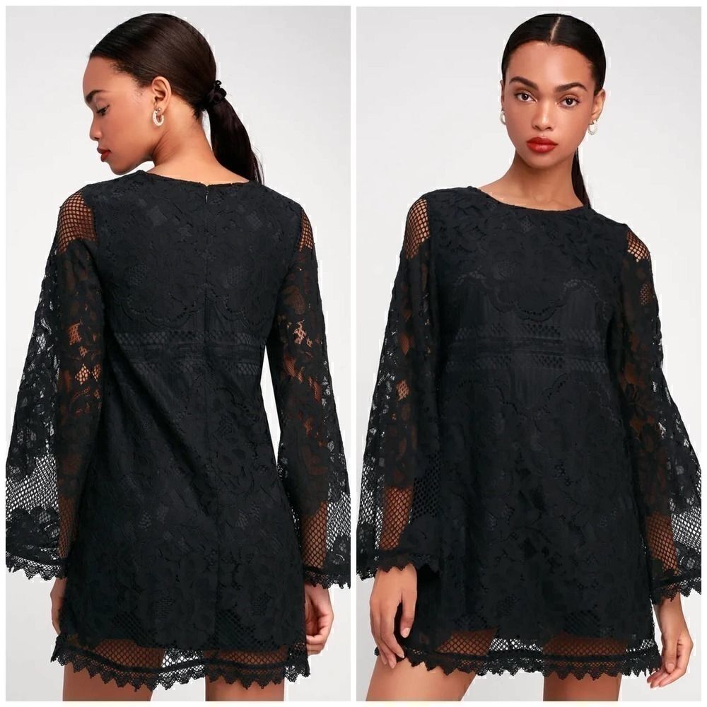 NEW Lulu's Black Floral Lace Bell Sleeve Dress Med